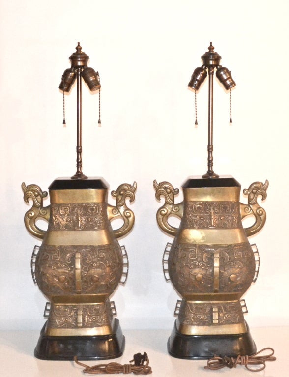 American Pair of Hollywood Regency Style Bronze Table Lamps by Marbro