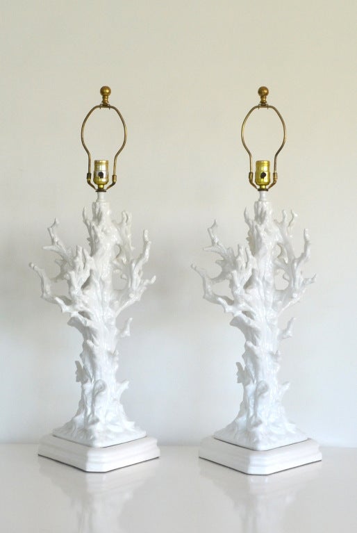 Pair of Mid Century Blanc de Chine Coral Form Table Lamps