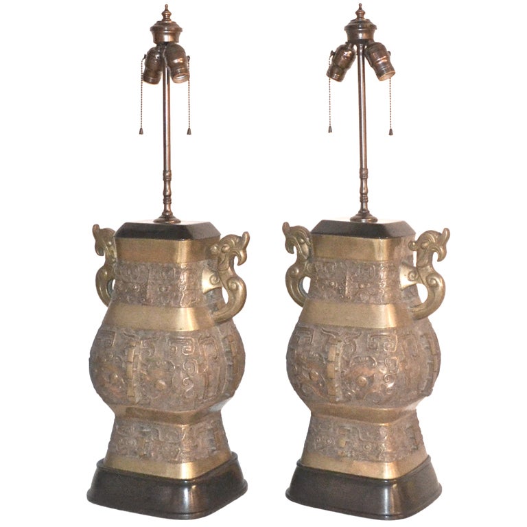 Pair of Hollywood Regency Style Bronze Table Lamps by Marbro
