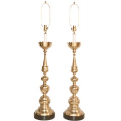 Pair of Italian Mid Century Modern Brass Candlestick Lamps