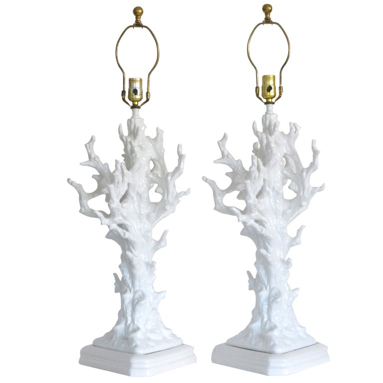 Pair of Mid Century Blanc de Chine Coral Form Table Lamps