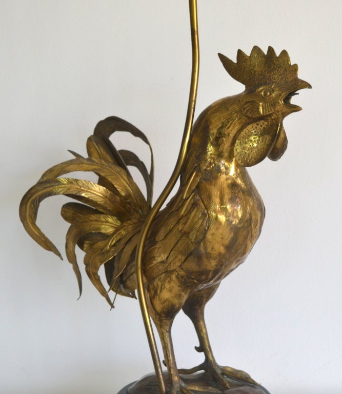 Lacquered Hollywood Regency Style Brass Rooster Table Lamp