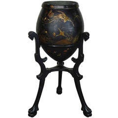 Antique Plant Stand with a Japonist Lacquered Terracotta Vase Attributed to Auguste Majorelle