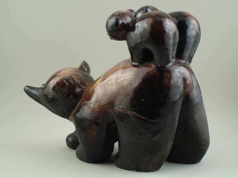 Glazed Primavera Terra Cotta Bear with Its Two Bear Cubs