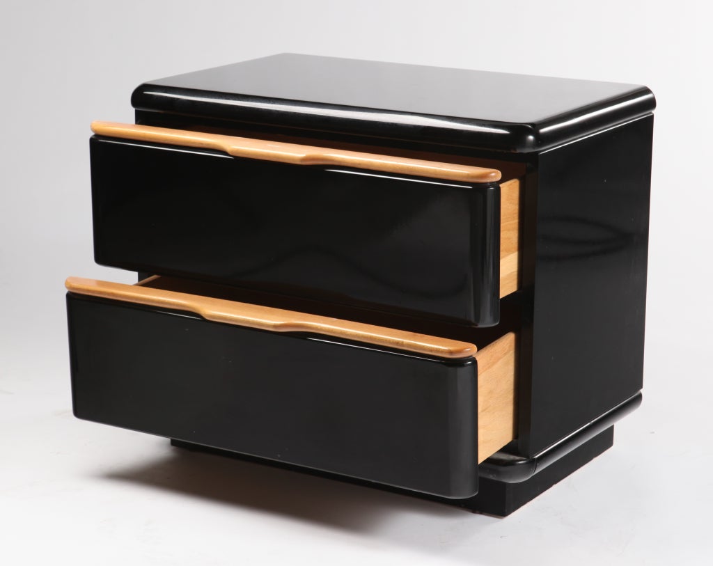 American Pair of Black Lacquered Nightstands with Maple Trim