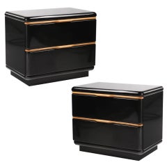 Vintage Pair of Black Lacquered Nightstands with Maple Trim