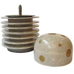 "Jar with White Crackle Glaze" and "White Crackle Covered Jar with Gold Polka Dots" by Hideaki Miyamura