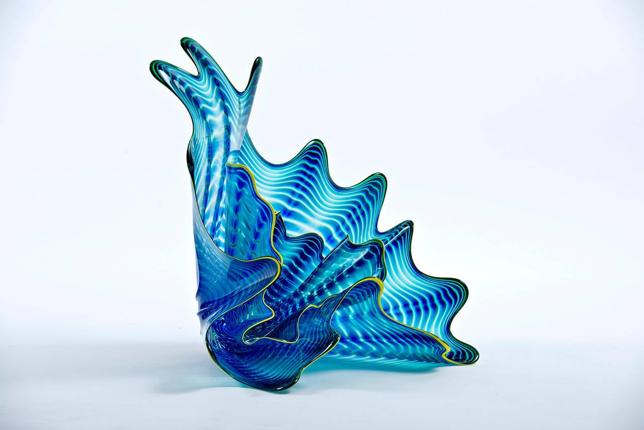 Blown Glass Blue Persian Set with Green Lip Wrap by Dale Chihuly