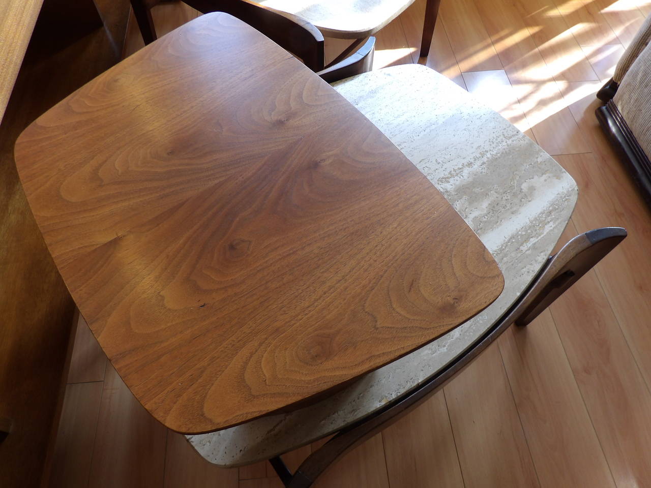 Bertha Schaefer for Singer & Sons Travertine and Walnut End Tables In Good Condition In Fulton, CA