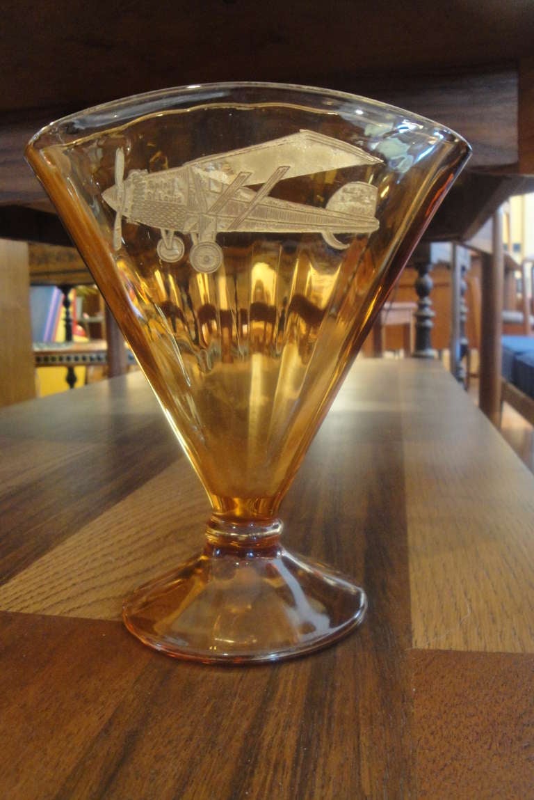 Art Deco Vase with Etched Glass Airplane In Excellent Condition For Sale In Fulton, CA