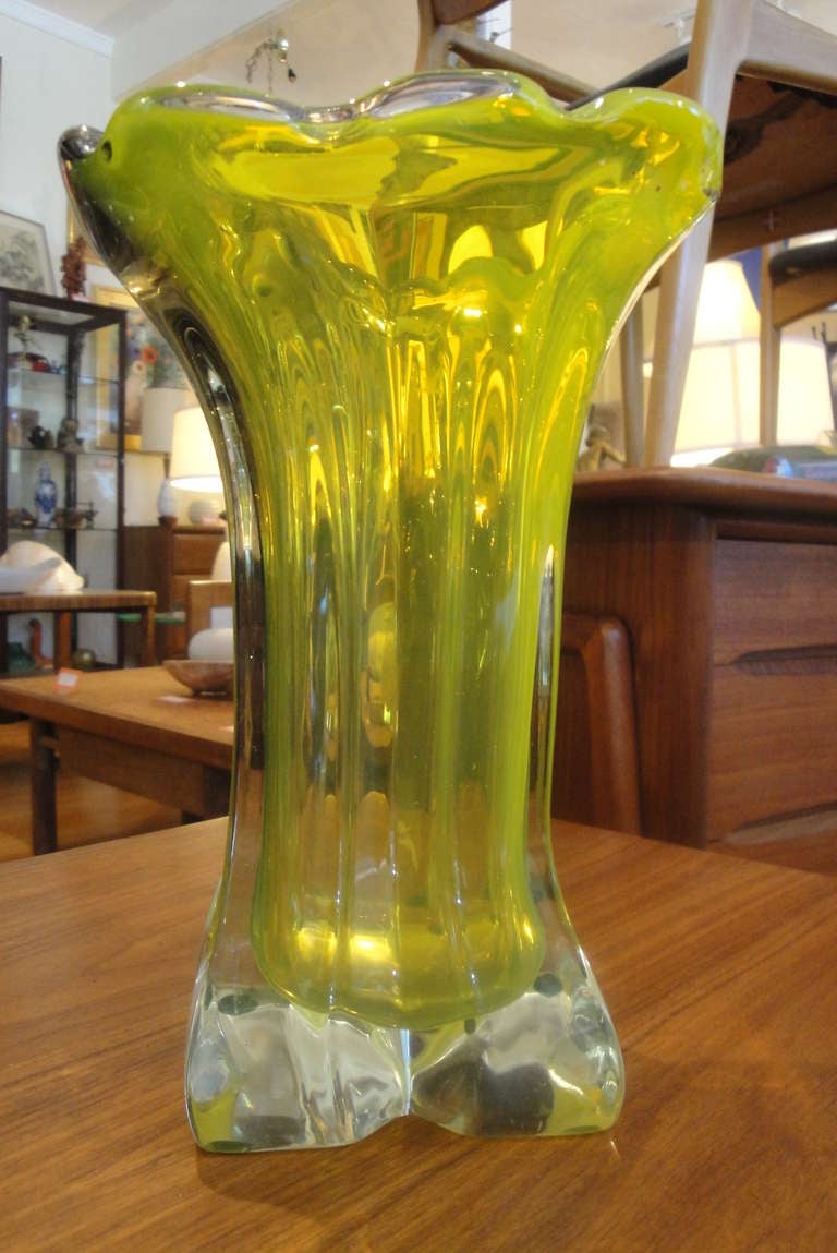 A free form blown glass vase by Awata Hisatoshi. Retaining original paper label.