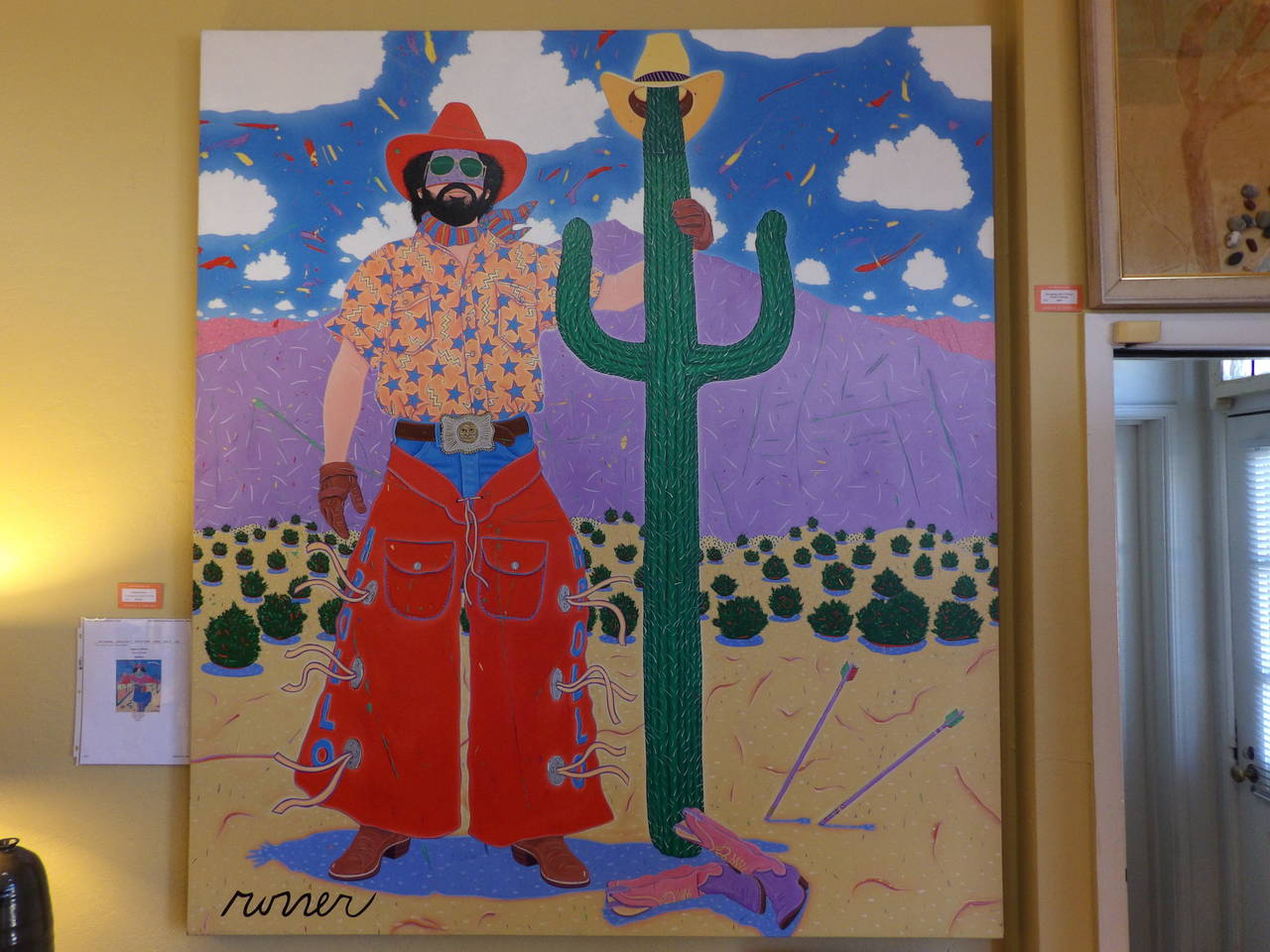 A large acrylic on canvas painting by Santa Fe artist, Stephen Rosser. Cowboy in hat with cactus. Signed lower left. Mounted to wood stretchers.