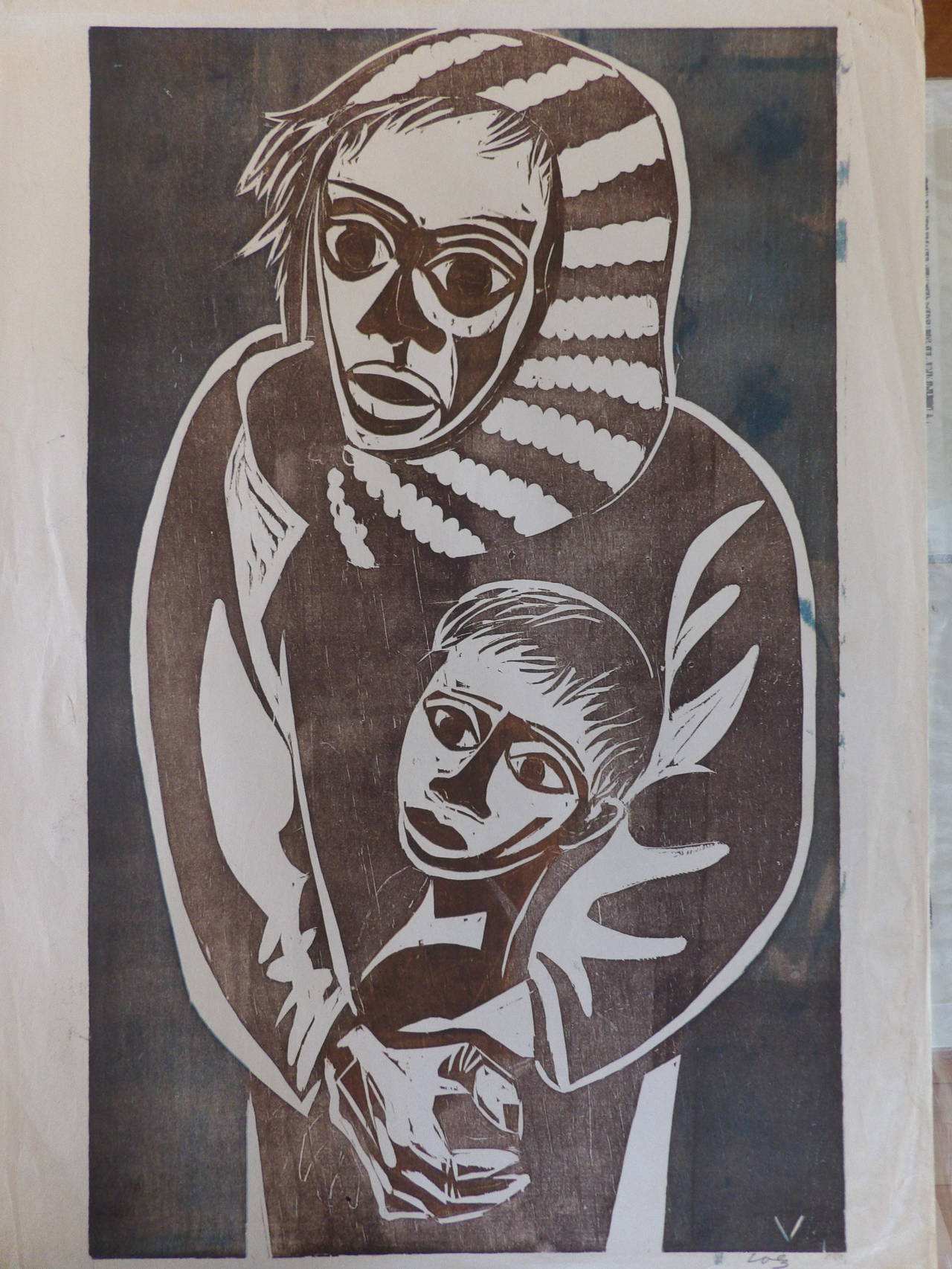A large folio woodcut print of mother and child by Herman Roderick Volz. A painter, muralist, lithographer, set designer and ceramist. Formal training at the Art und Gewerbescule in Zurich and the Academy of Fine Arts, Vienna. Immigrated from Zurich