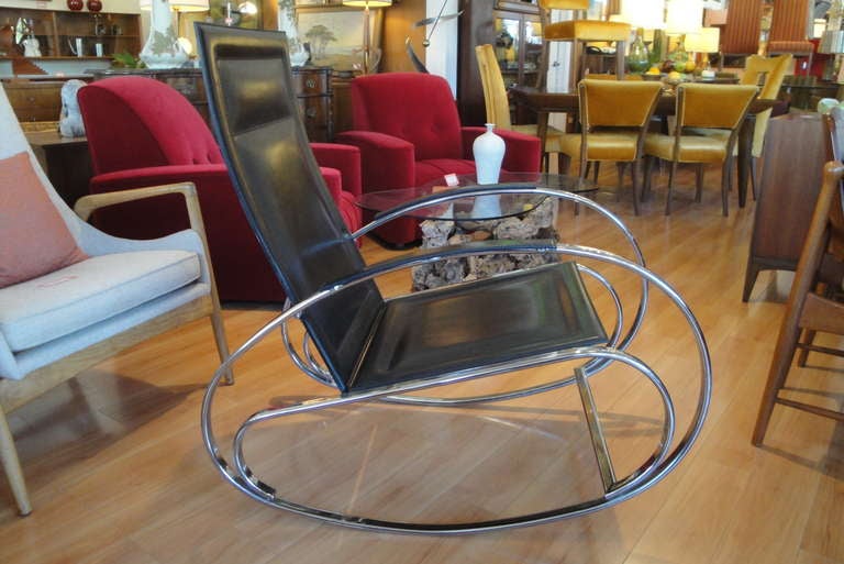 Italian Polished Chrome & Leather Rocking Chair