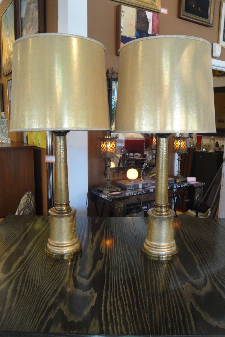 An impressive and vibrant pair of Mid-Century Modern or Hollywood Regency glass table lamps by Paul Hanson. Retaining original signed shades, paper label on base and original finials. Shades measure 14