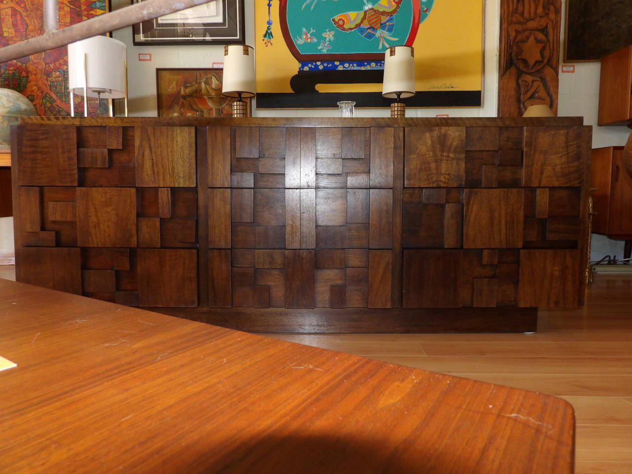 Brutalist Cubist Walnut Tile Dresser by Lane Furniture