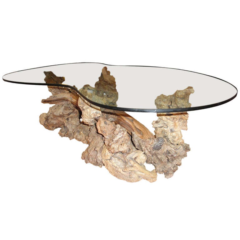 Driftwood Coffee Table with Glass Top at 1stDibs
