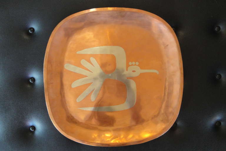 A modernist, handcrafted, mixed metal tray by Los Castillo, Taxco, Mexico.
