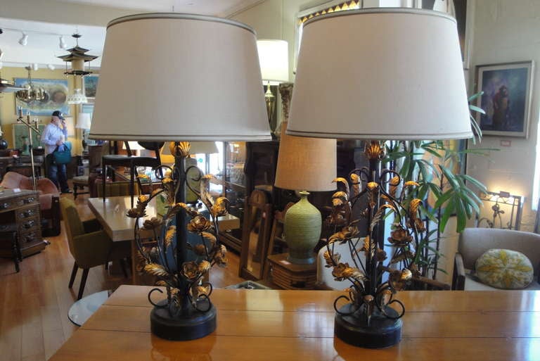 Steel Italian Gilt Metal Floral Lamps For Sale