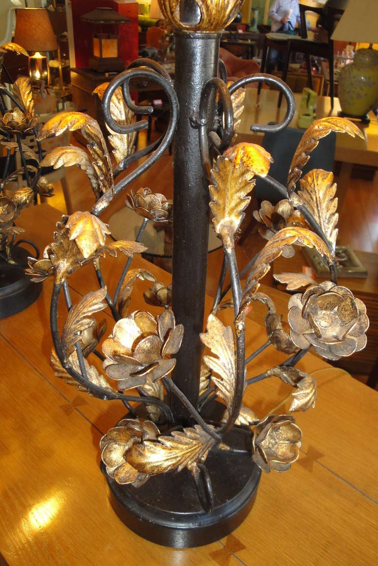 Hollywood Regency Italian Gilt Metal Floral Lamps For Sale