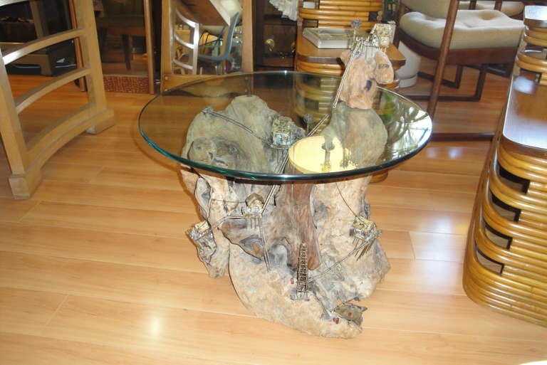 Exceptional Brutalist Brazed Metal and Driftwood End Table For Sale at