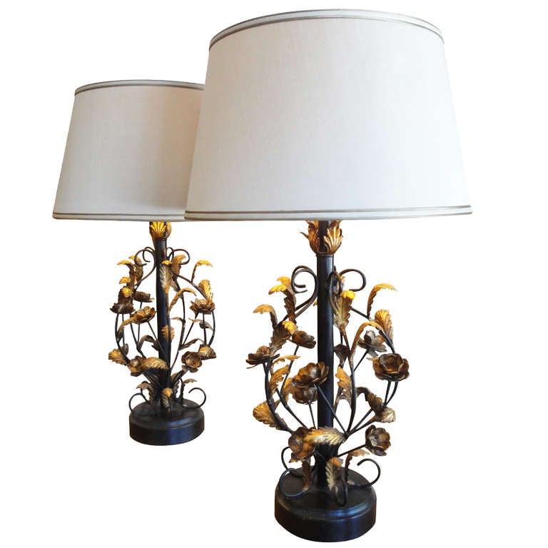 Pair of Italian Gilt Metal Floral Table Lamps For Sale at 1stdibs