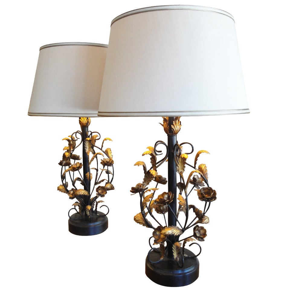Italian Gilt Metal Floral Lamps For Sale