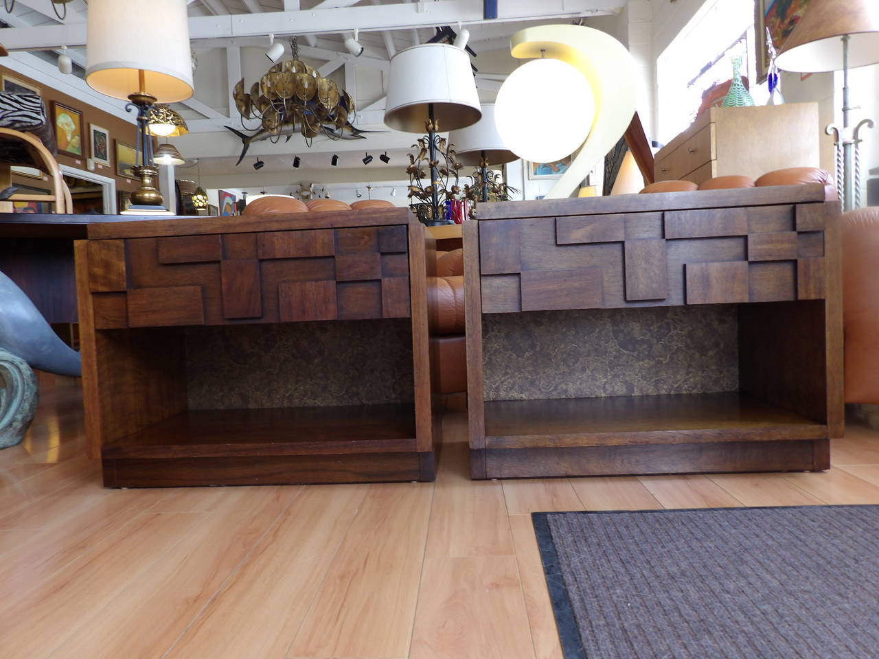 A pair of cubist style walnut end tables by Lane Furniture. Featuring single top drawer with lower open space for storage. Beautiful figured wood grain. 