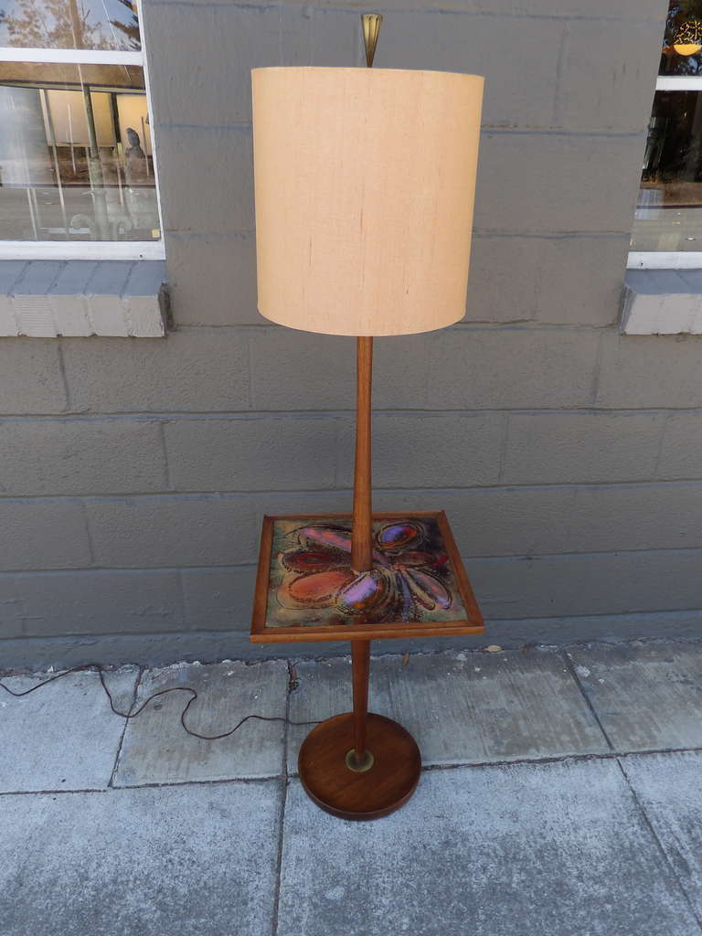 Unique table lamp crafted in solid walnut with a signed copper enamel abstract table top by Richard M. Loving. Original shade included.