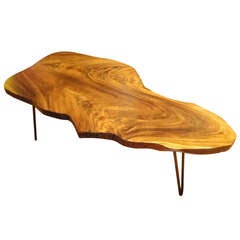 Figured Koa Wood Free Form Coffee Table with Iron Hairpin Legs