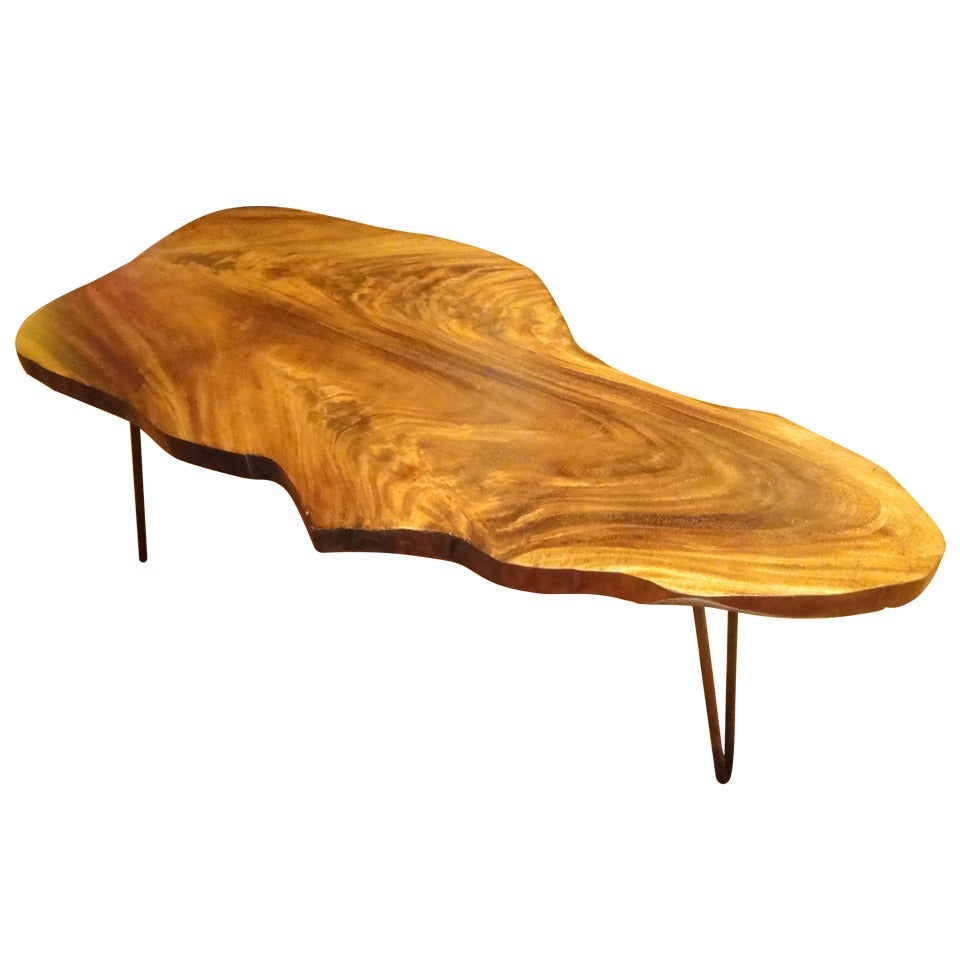 Figured Koa Wood Free Form Coffee Table with Iron Hairpin Legs