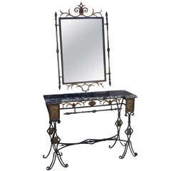 Vintage Oscar Bach Art Deco Bronze & Iron Console Table & Mirror