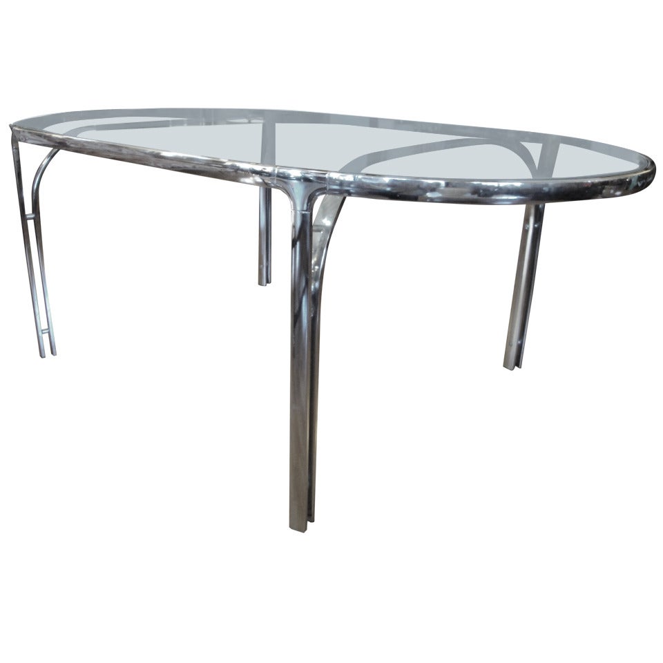 Polished Chrome and Glass Oval Dining Table For Sale at 1stDibs