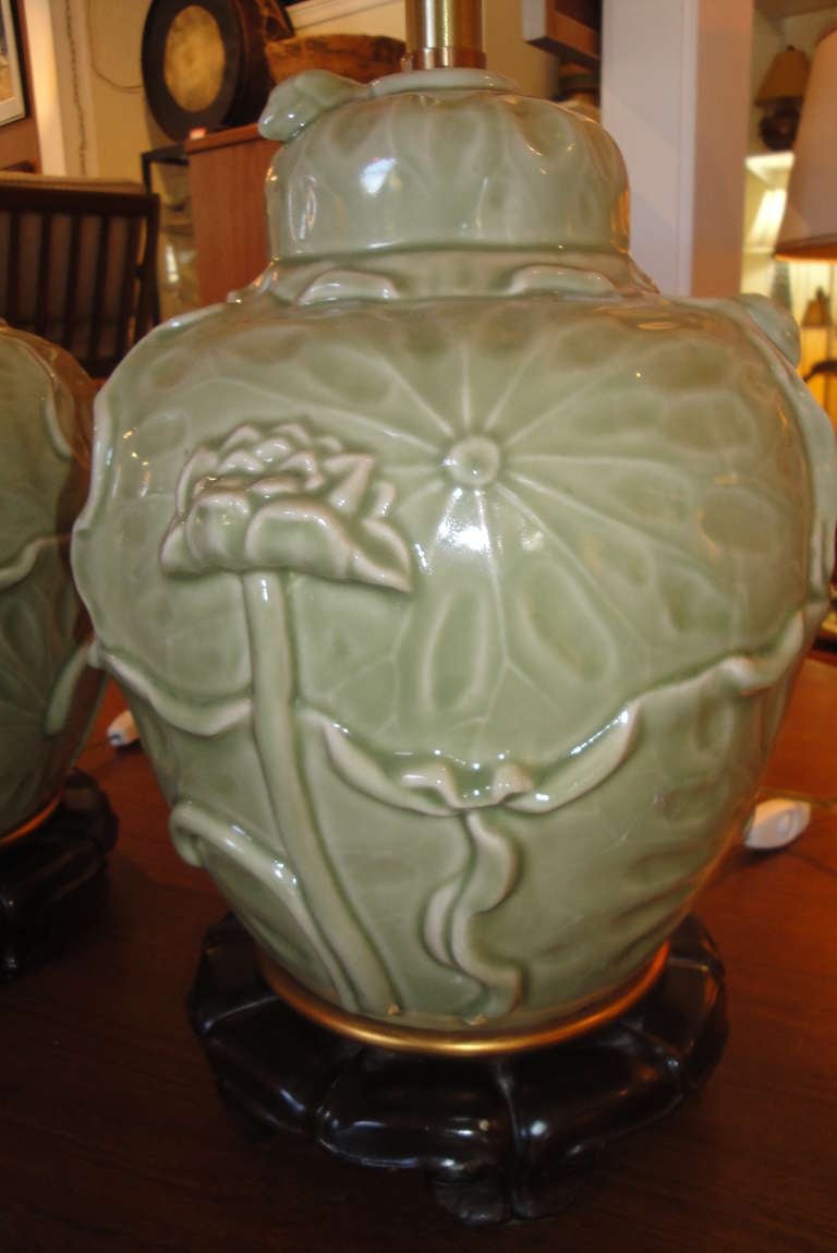 Mid-Century Modern Pair of Ginger Jar Ceramic Celadon Lamps by Marbro