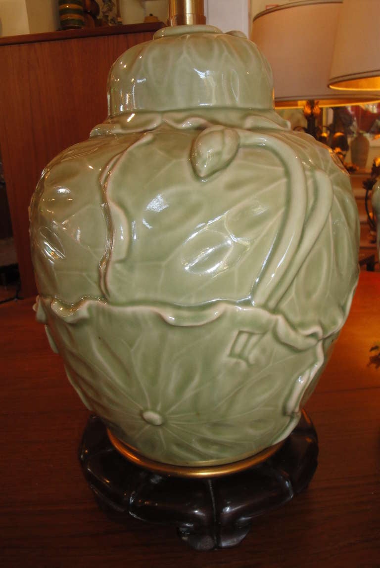American Pair of Ginger Jar Ceramic Celadon Lamps by Marbro