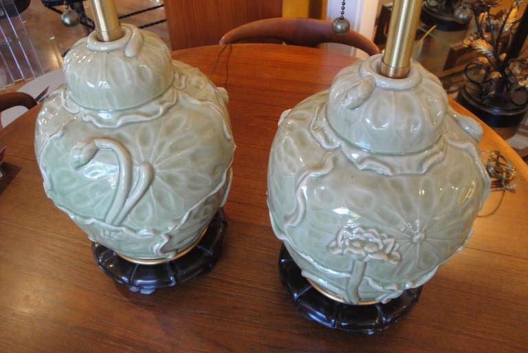 Pair of Ginger Jar Ceramic Celadon Lamps by Marbro In Excellent Condition In Fulton, CA