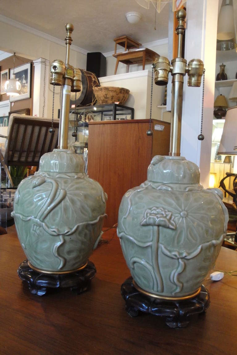 20th Century Pair of Ginger Jar Ceramic Celadon Lamps by Marbro