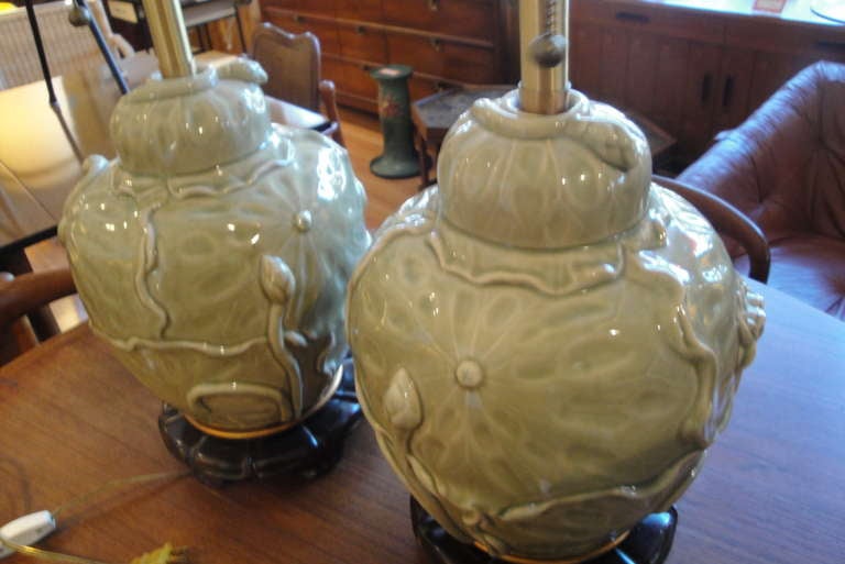 Rosewood Pair of Ginger Jar Ceramic Celadon Lamps by Marbro