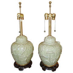 Pair of Ginger Jar Ceramic Celadon Lamps by Marbro