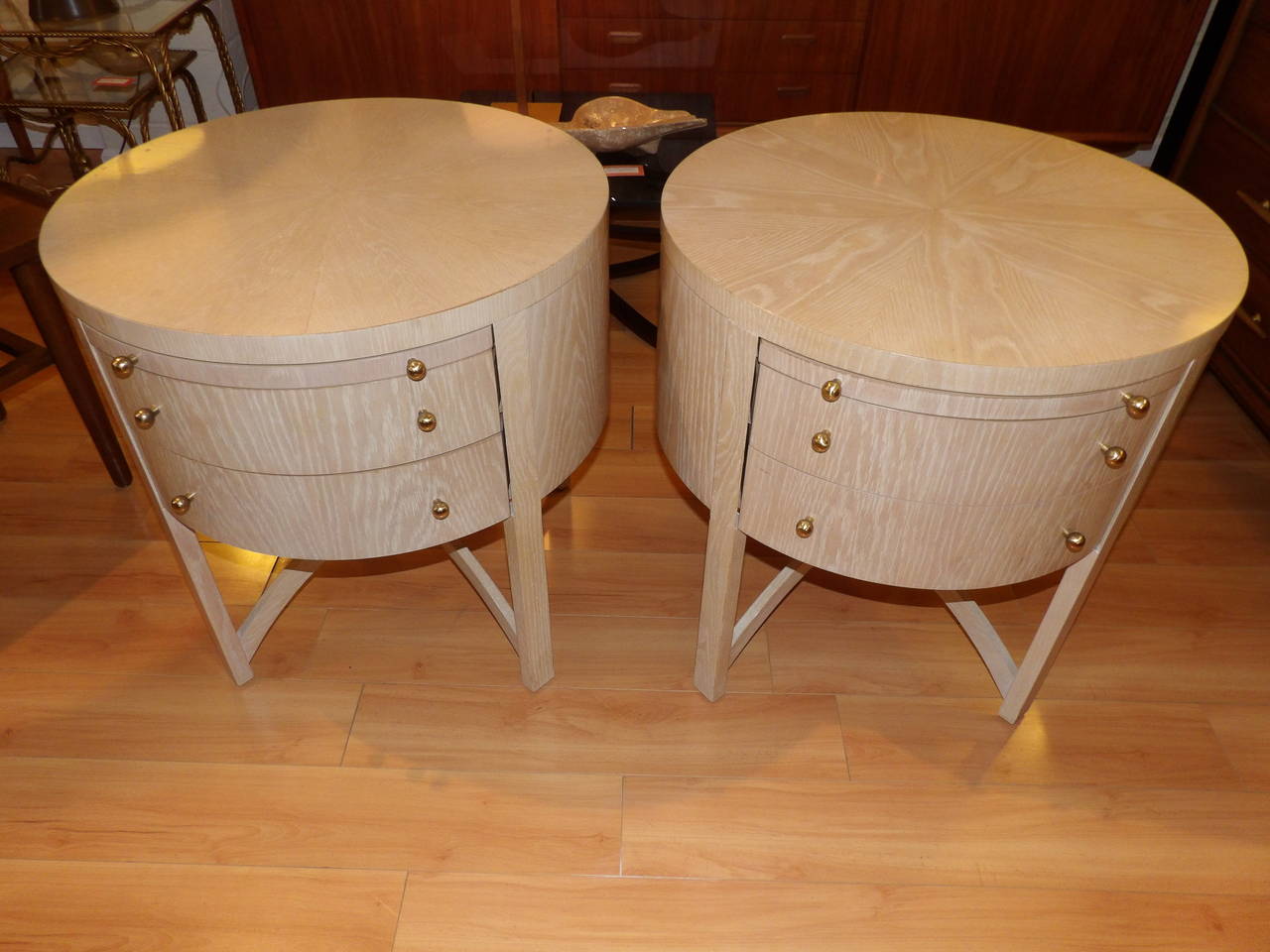 Limed Century Furniture Circular End Tables Attributed to Jay Spectre