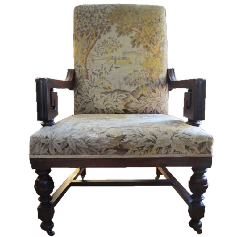 Large-Scale Armchair Chair with Tapestry Upholstery For Sale