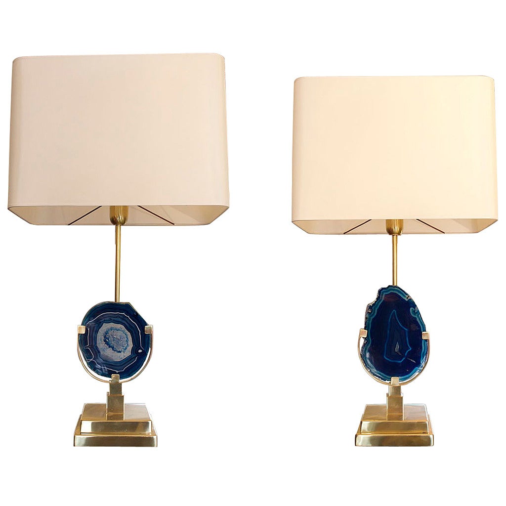 Pair of Blue Agates Table Lamps Attributed to Willy Daro at 1stDibs