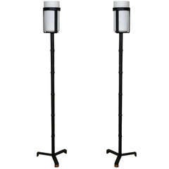 Great Pair of Stitched Leather Floor Lamps by Jacques Adnet
