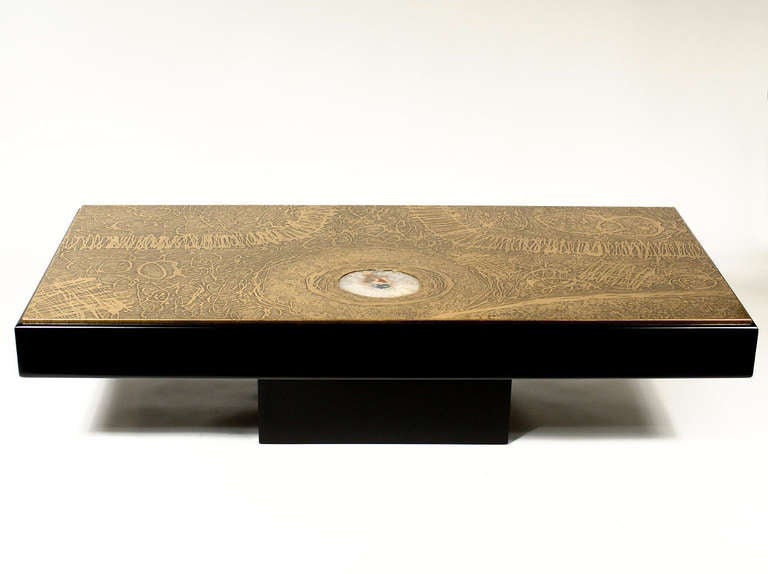 French Coffee Table in Etched Brass and Inlaid Agate by Romain