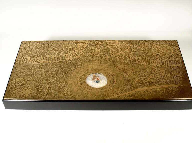 Coffee table etched brass inlaid agate by Romain, signed and date romain 83.