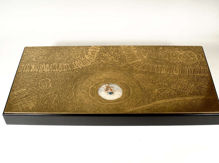 Coffee Table in Etched Brass and Inlaid Agate by Romain