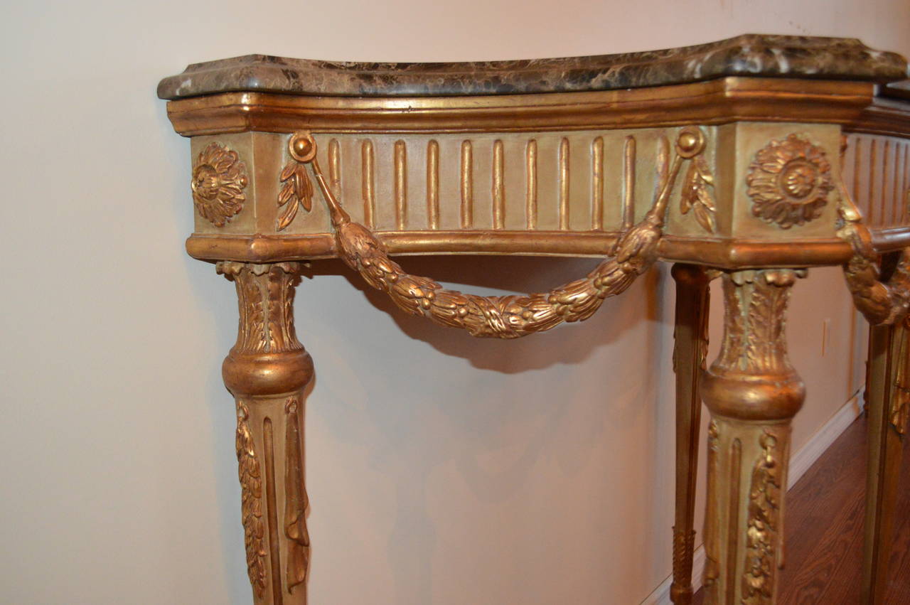 Hand-Carved Pair of Louis XVI Style Painted and Gilt Consoles