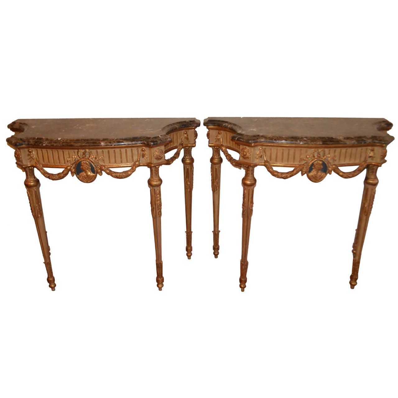 Pair of Louis XVI Style Painted and Gilt Consoles