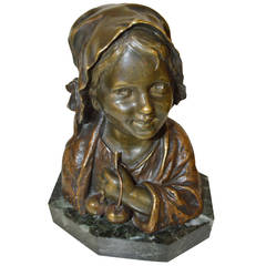 19th Century Bronze Bust of Child with Cherries