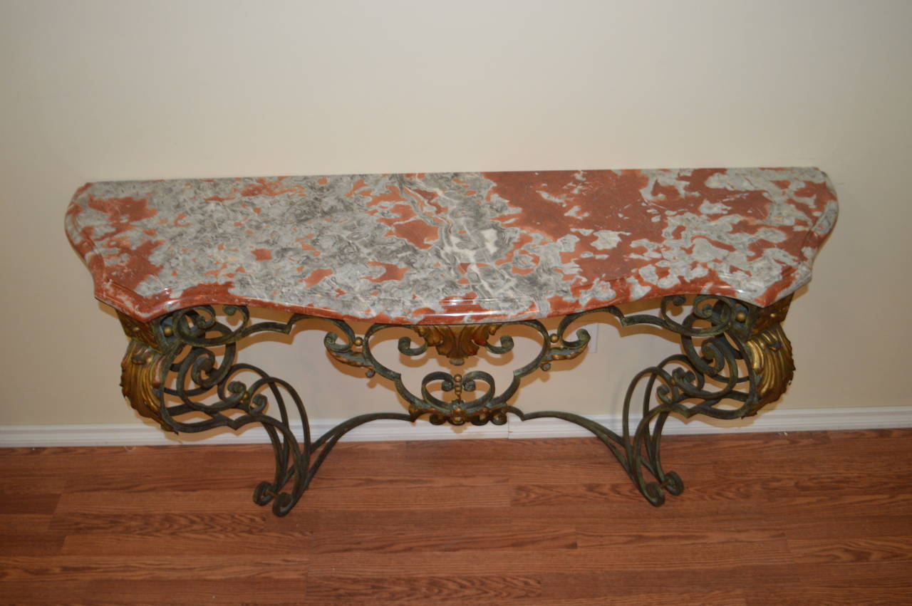 20th Century Wrought Iron with Marble-Top Console Table